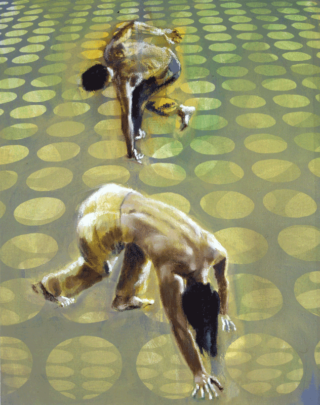 Painting of a pair of dancers moving against a green geometric background